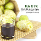 One liter bottle of plant-based Noni Gold supplement for daily body detoxification and weight management.