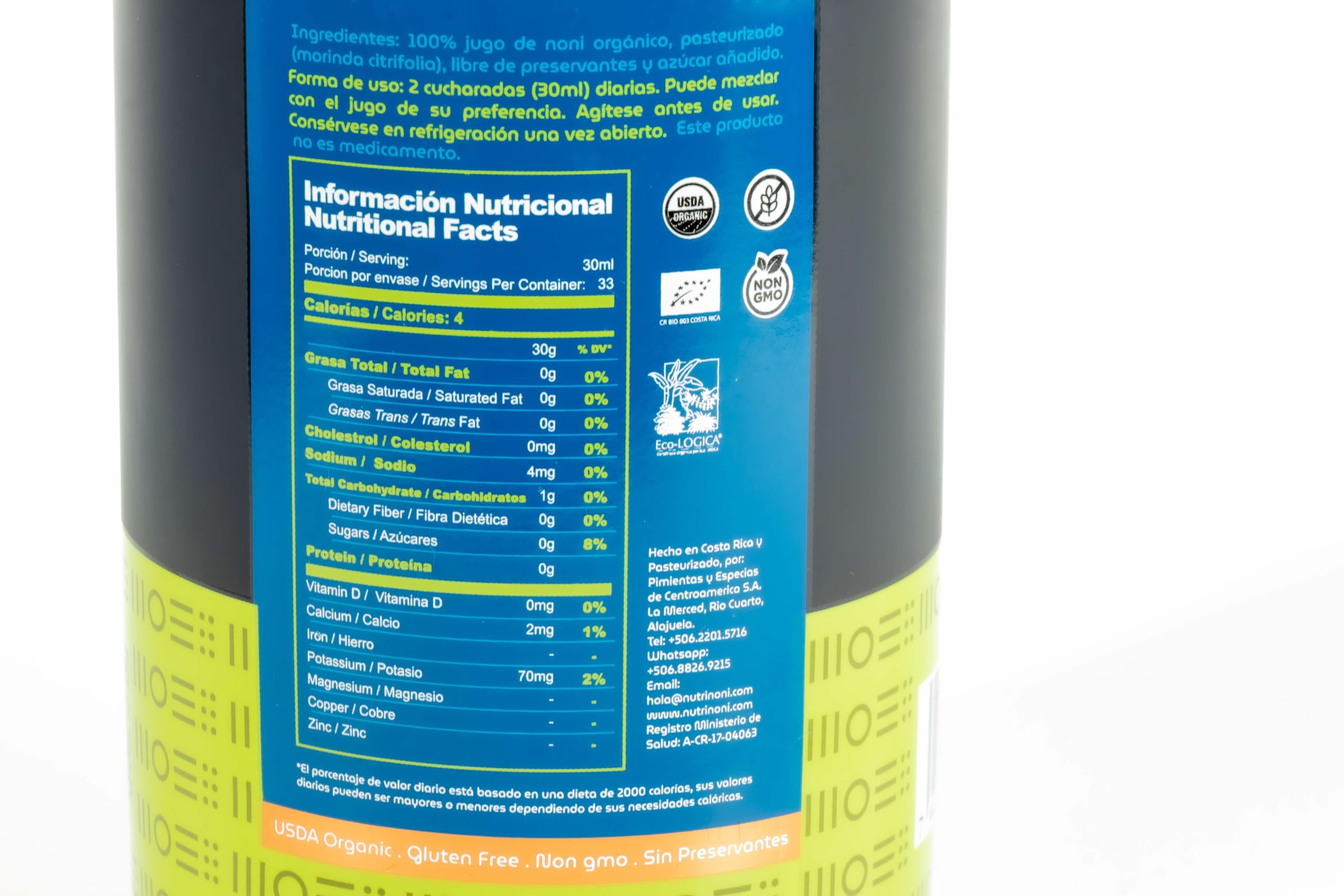Certified USDA organic noni liquid supplement bottle from Costa Rica.