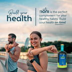 Nutri Noni thirty three point eight fluid ounces wellness supplement bottle.