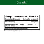 Emerald Labs noni fruit supplement bottle showing nutritional facts and ingredients list