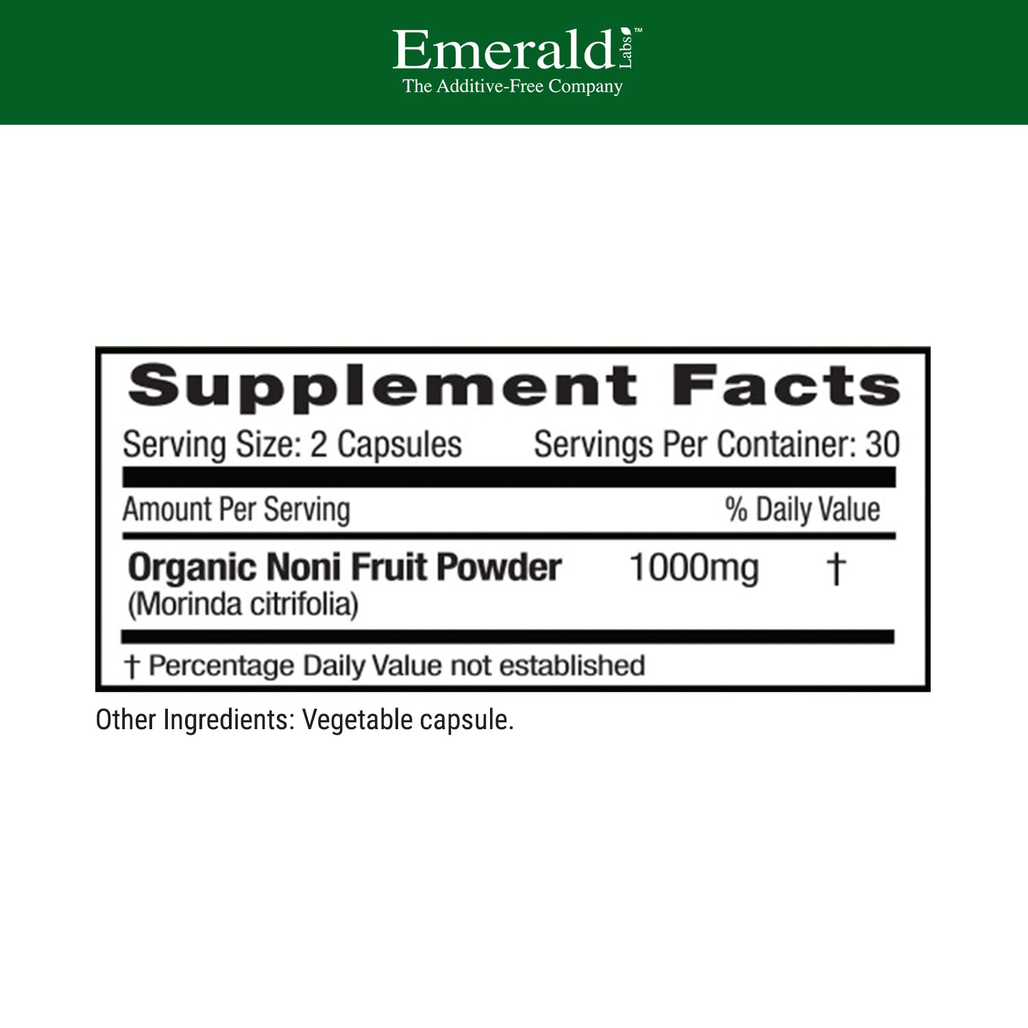 Emerald Labs noni fruit supplement bottle showing nutritional facts and ingredients list