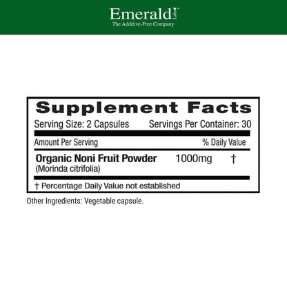 Emerald Labs noni fruit supplement bottle showing nutritional facts and ingredients list