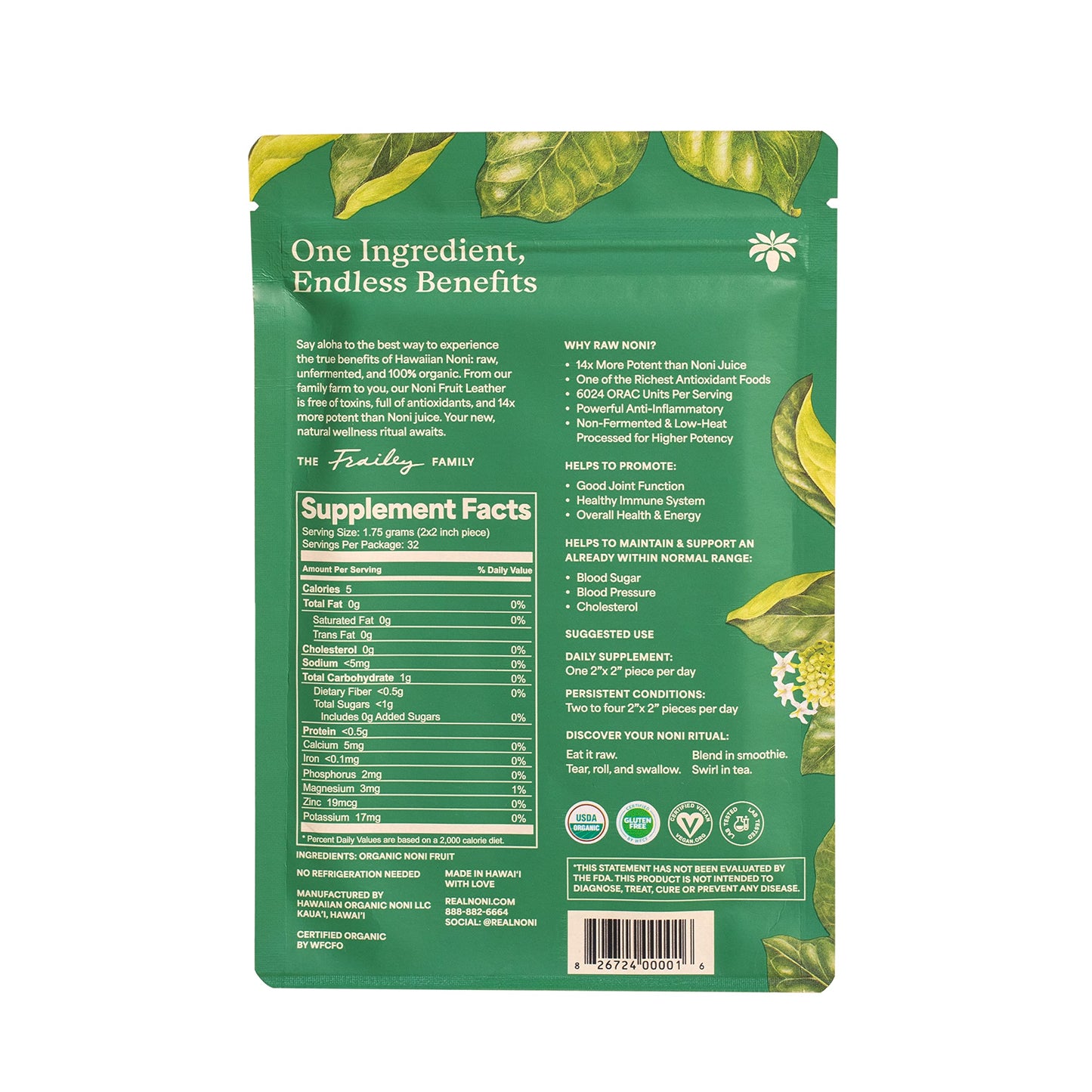 Hawaiian Organic Noni Real Noni Fruit Leather packaging details