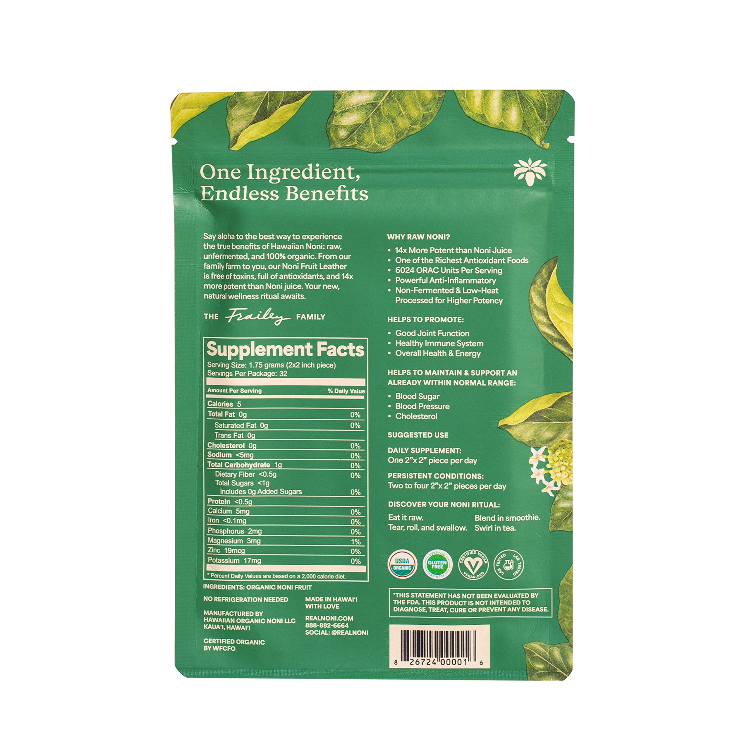 Hawaiian Organic Noni Real Noni Fruit Leather packaging details