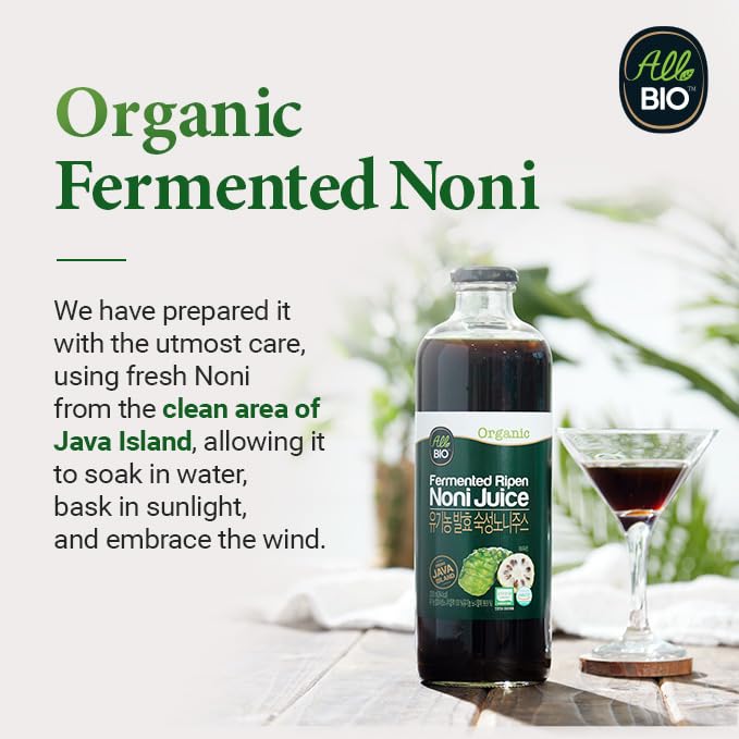 ALL BIO Fermented Noni Juice with Resveratrol nutritional facts and organic certification seal.