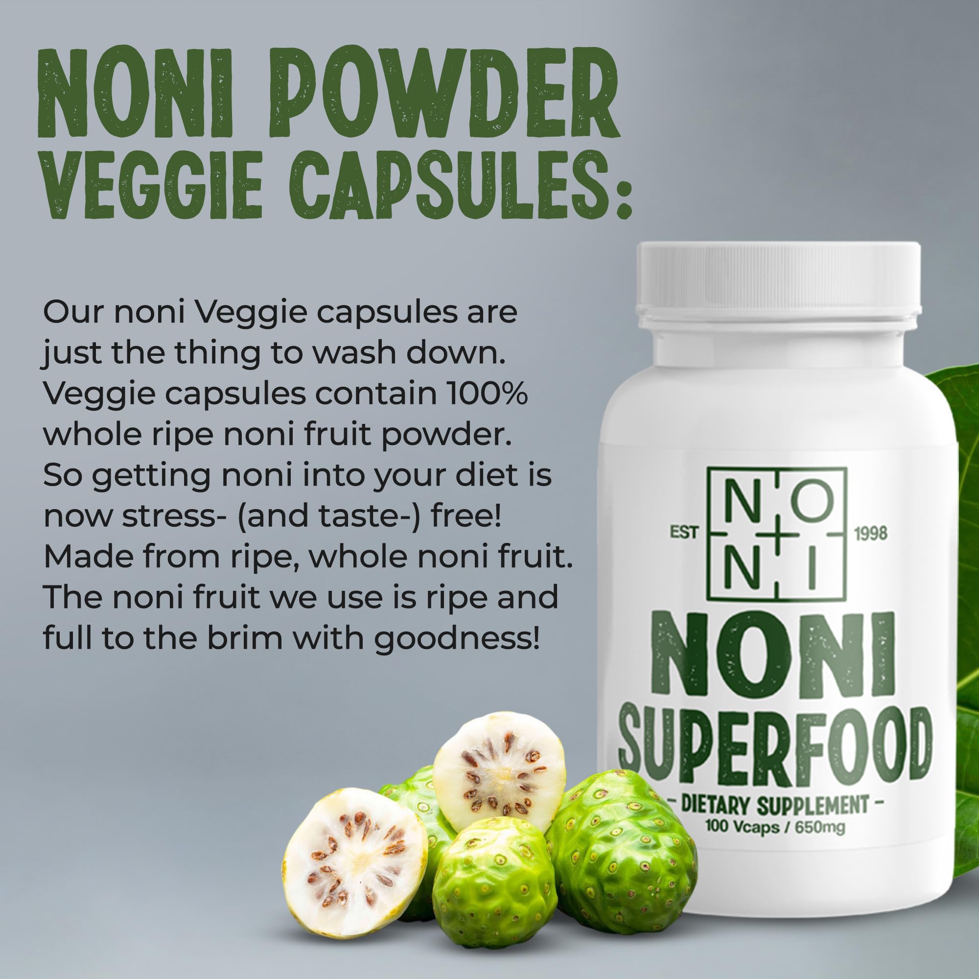 Healing Noni dietary supplement capsules packaging highlighting the 1300 mg serving size and whole fruit powder formulation.