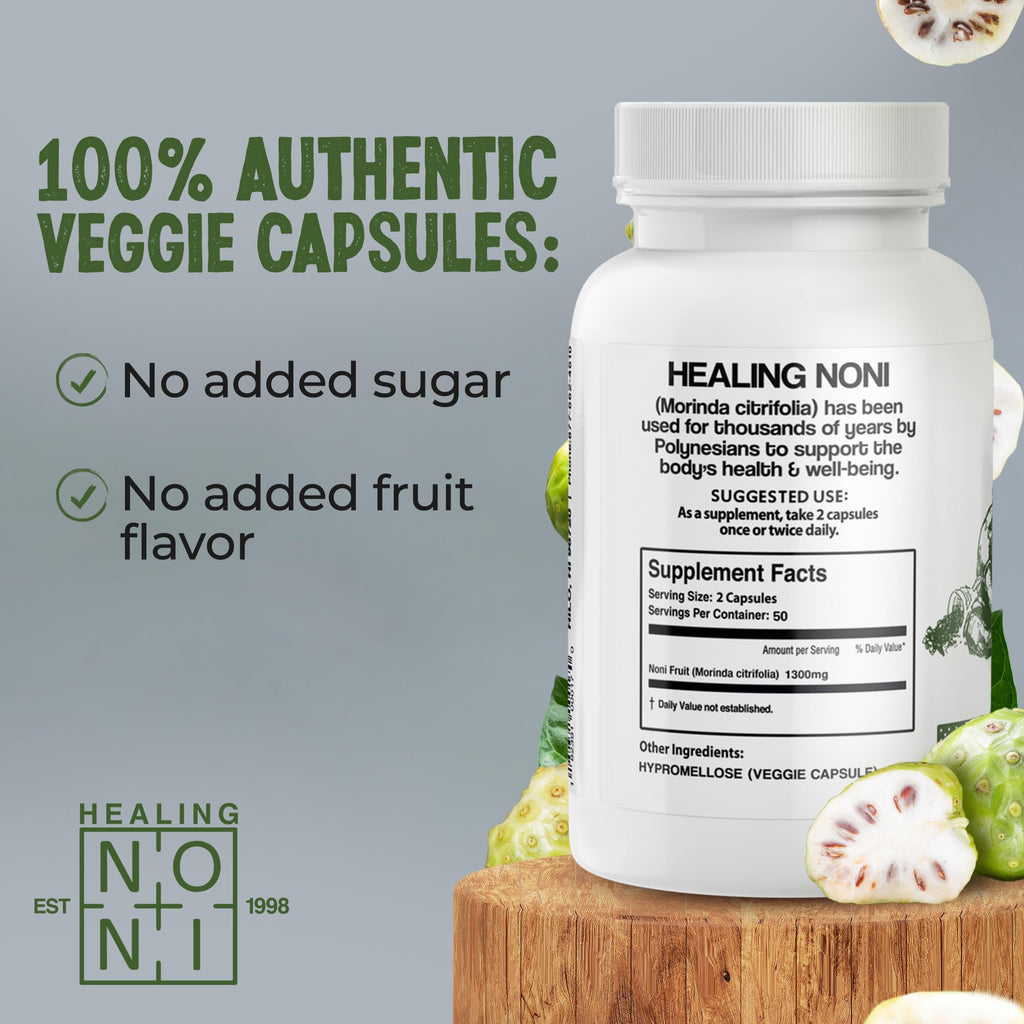 Healing Noni vegan superfood capsules bottle showing 650mg dosage information