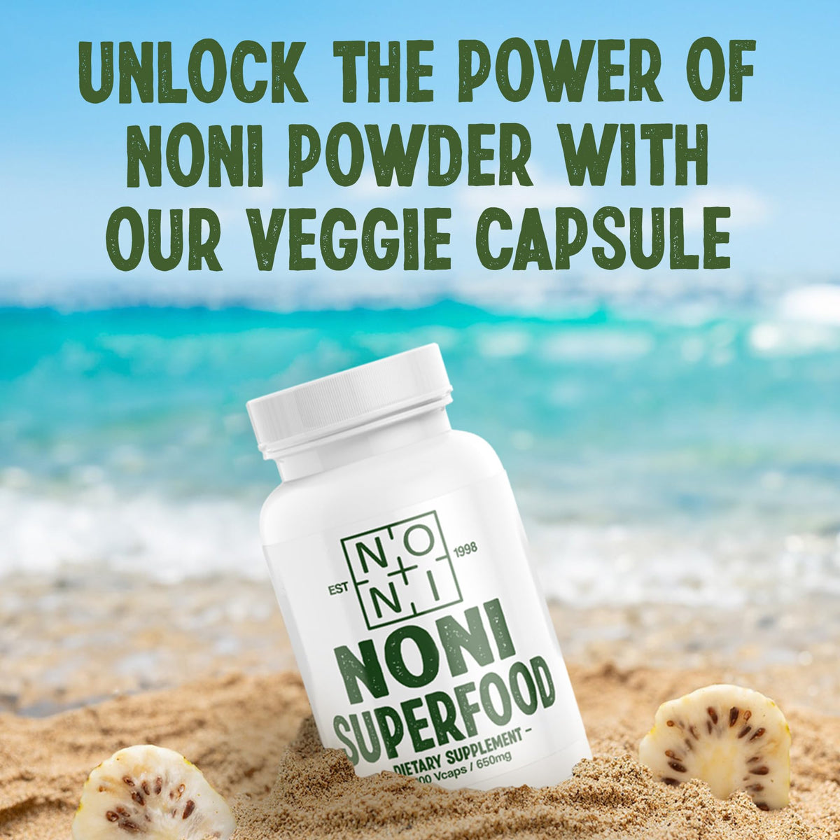Healing Noni antioxidant rich fruit powder capsules bottom showing expiration data