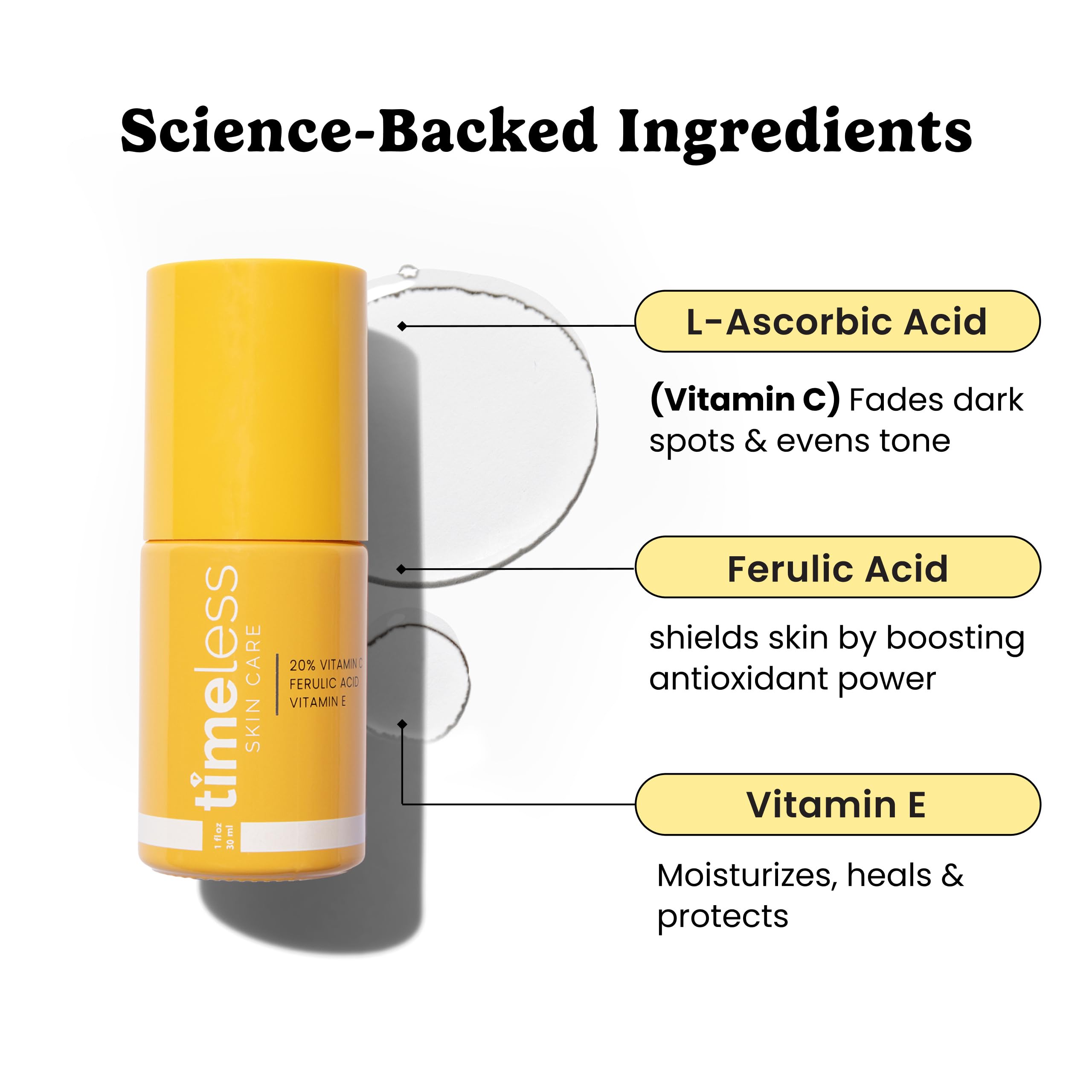 Timeless Skin Care brightening serum packaging showing key ingredients