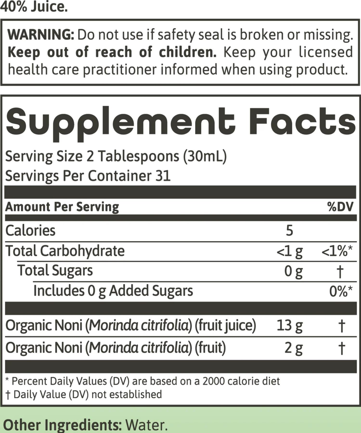 Dynamic Health imported USA noni juice dietary supplement bottle label details and organic certifications