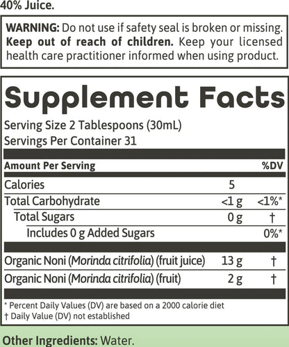 Dynamic Health imported USA noni juice dietary supplement bottle label details and organic certifications