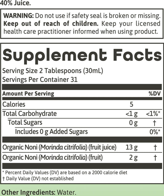 Dynamic Health imported USA noni juice dietary supplement bottle label details and organic certifications