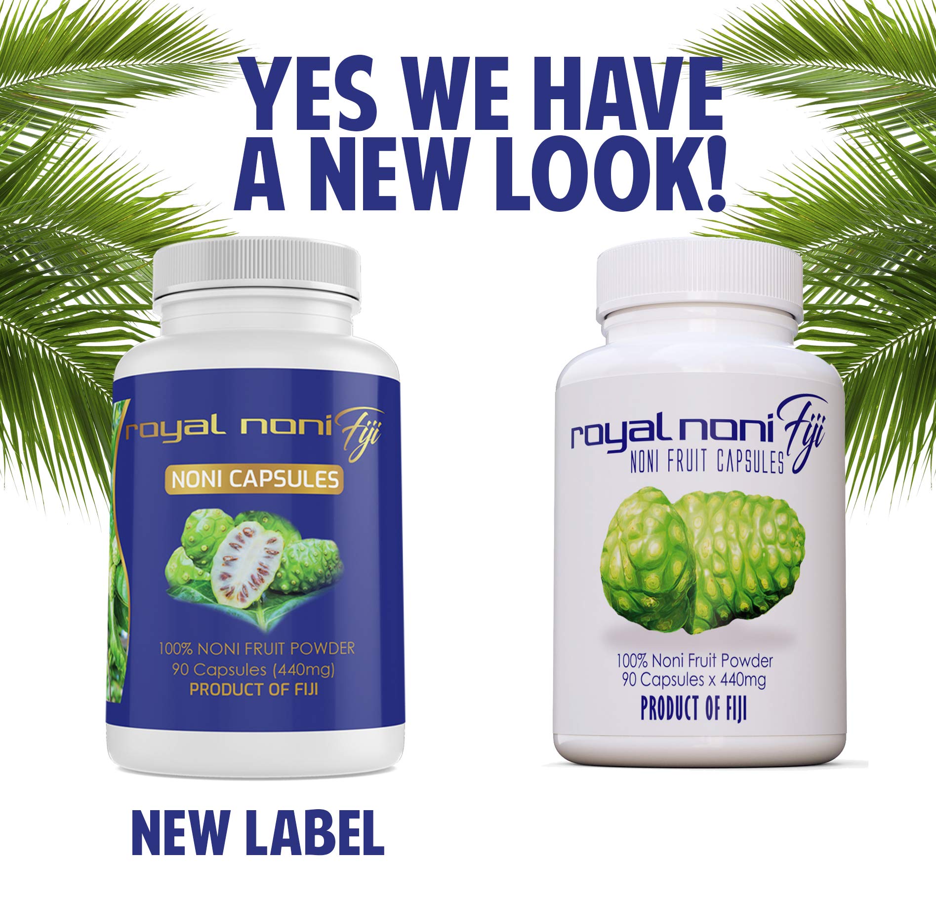 Royal Noni Fiji 100 Percent Organic Noni supplement bottle side panel displaying nutritional supplement facts