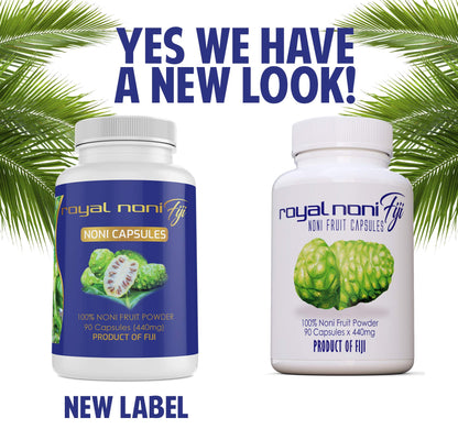 Royal Noni Fiji 100 Percent Organic Noni supplement bottle side panel displaying nutritional supplement facts