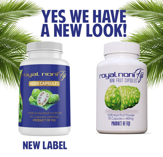 Royal Noni Fiji 100 Percent Organic Noni supplement bottle side panel displaying nutritional supplement facts