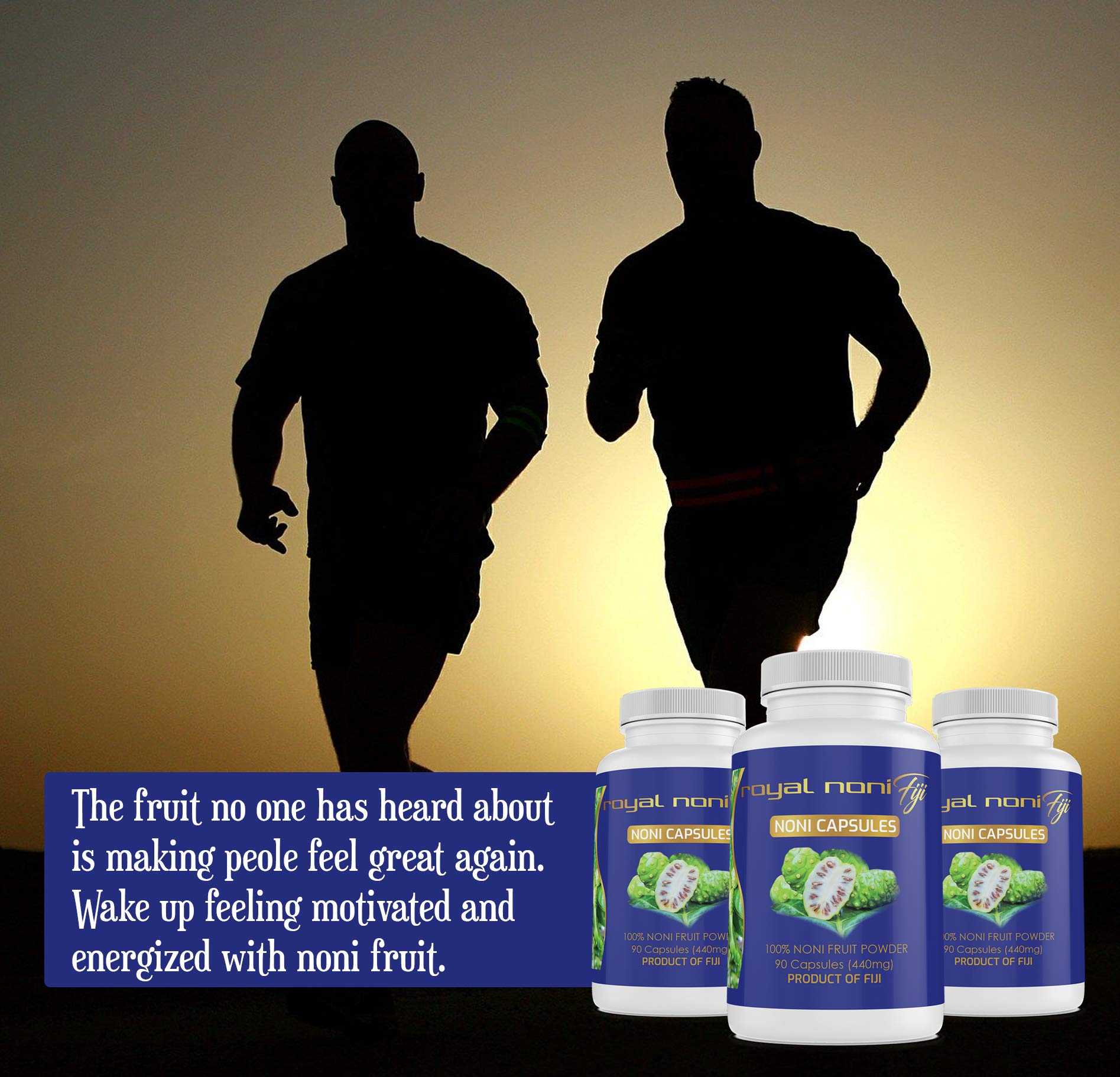 Royal Noni Fiji immune booster dietary supplement bottle shown on a clean retail shelf setting