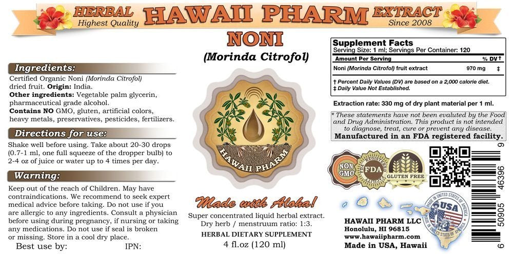 Hawaii Pharm Morinda Citrifolia tincture supplement label details and ingredients