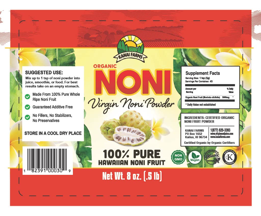Pure organic Hawaiian noni powder nutritional facts label on the back of the packaging