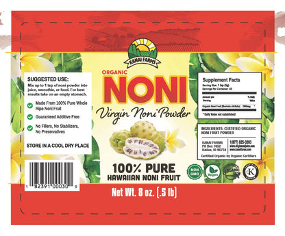 Pure organic Hawaiian noni powder nutritional facts label on the back of the packaging