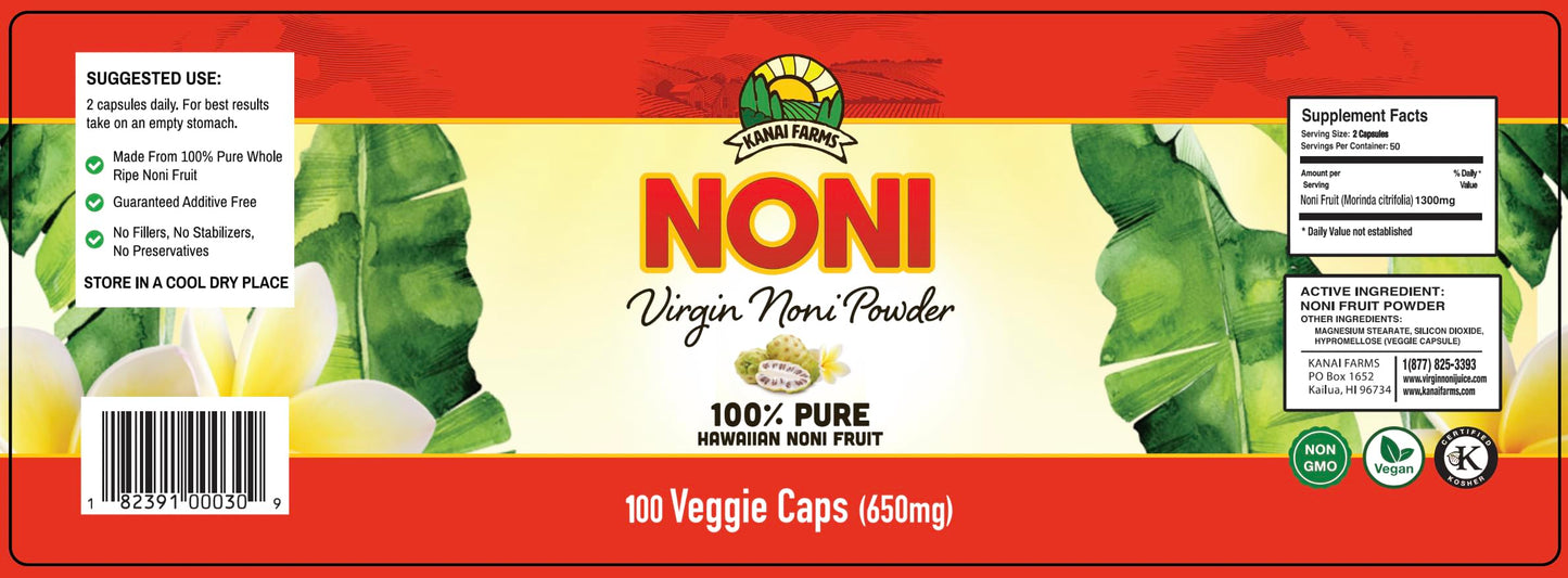 Kanai Farms Hawaiian noni fruit powder 100 vegetarian capsules supplement facts label