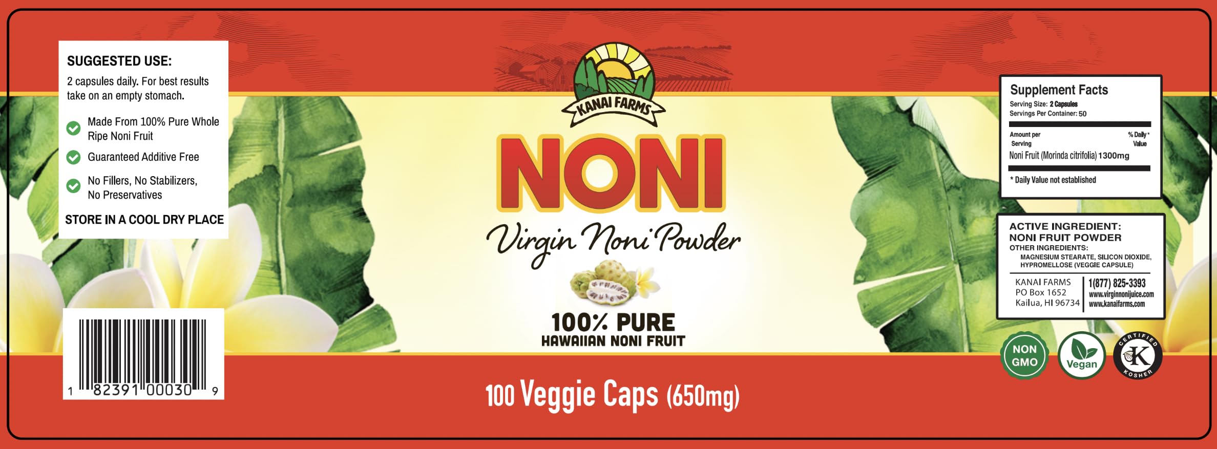 Kanai Farms Hawaiian noni fruit powder 100 vegetarian capsules supplement facts label