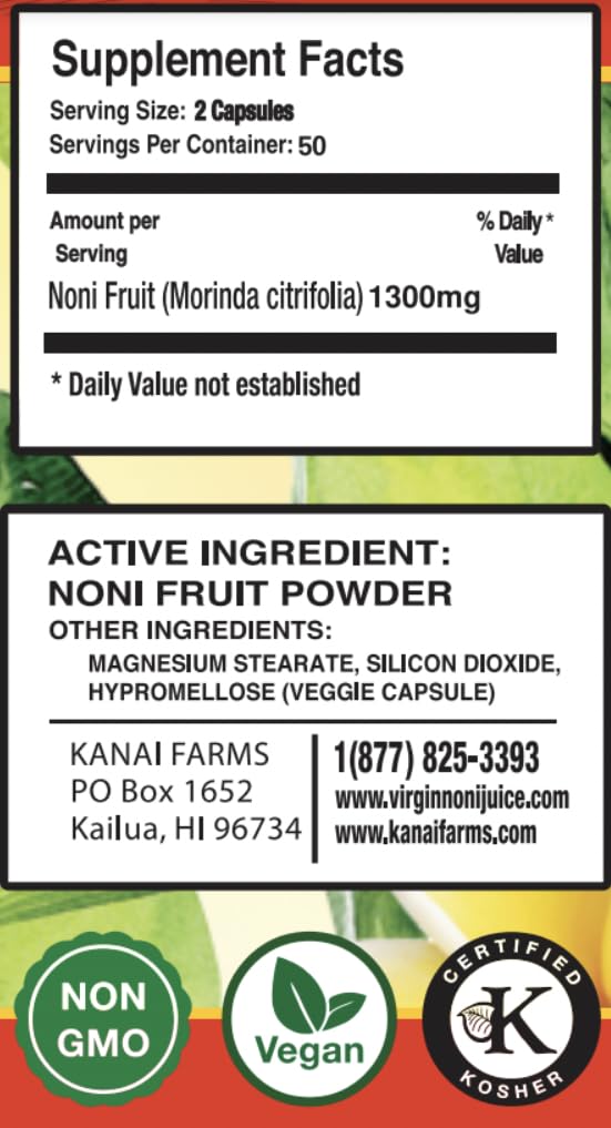 Pure certified organic noni powder capsules by Kanai Farms for daily wellness