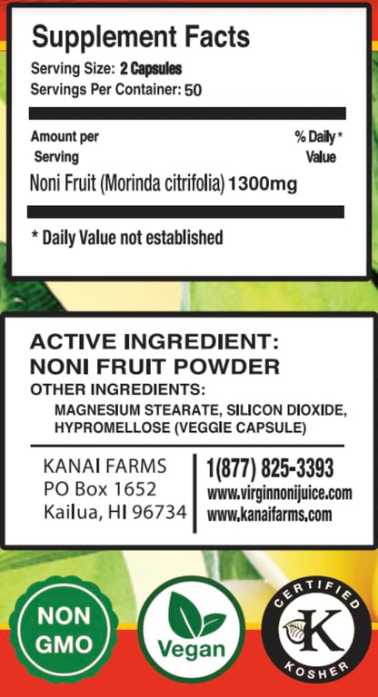 Pure certified organic noni powder capsules by Kanai Farms for daily wellness
