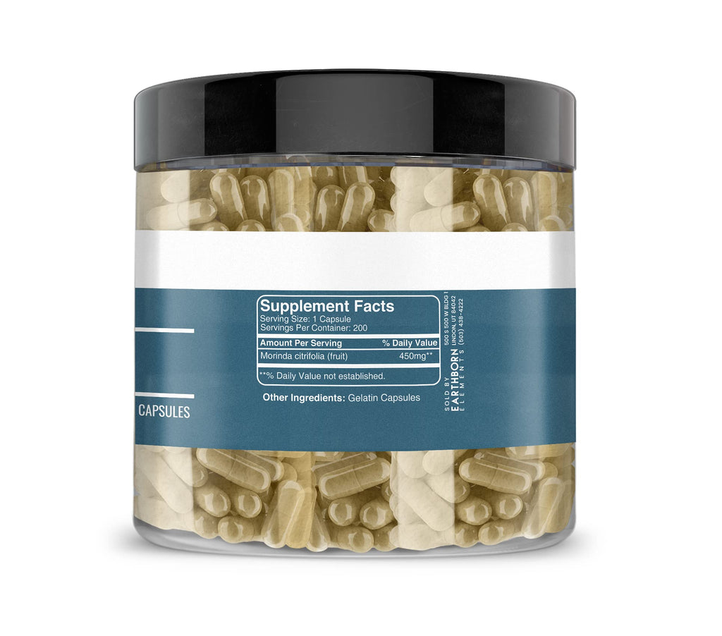 Side angle of Earthborn Elements pure undiluted noni fruit extract supplement container