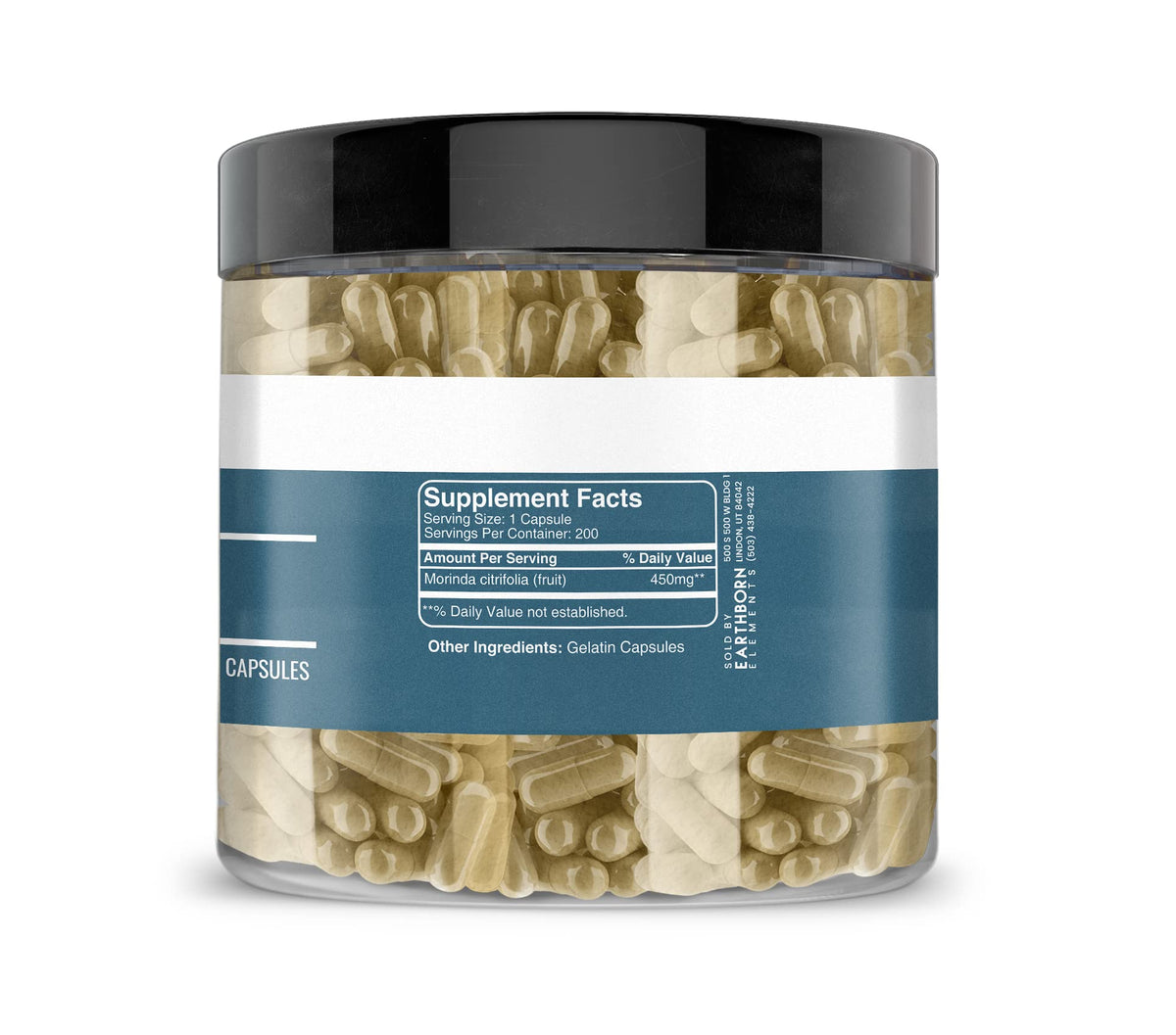 Side angle of Earthborn Elements pure undiluted noni fruit extract supplement container