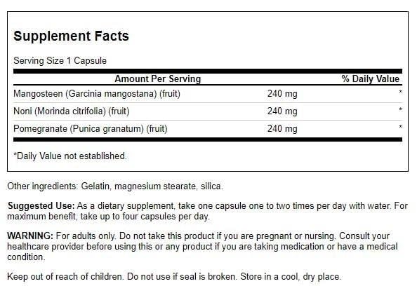 Supplement facts and ingredient label on the back of Swanson Super Fruit Complex bottle