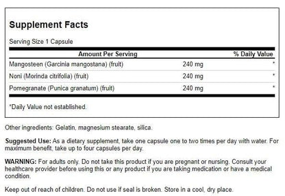 Supplement facts and ingredient label on the back of Swanson Super Fruit Complex bottle
