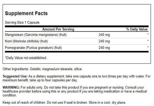 Supplement facts and ingredient label on the back of Swanson Super Fruit Complex bottle