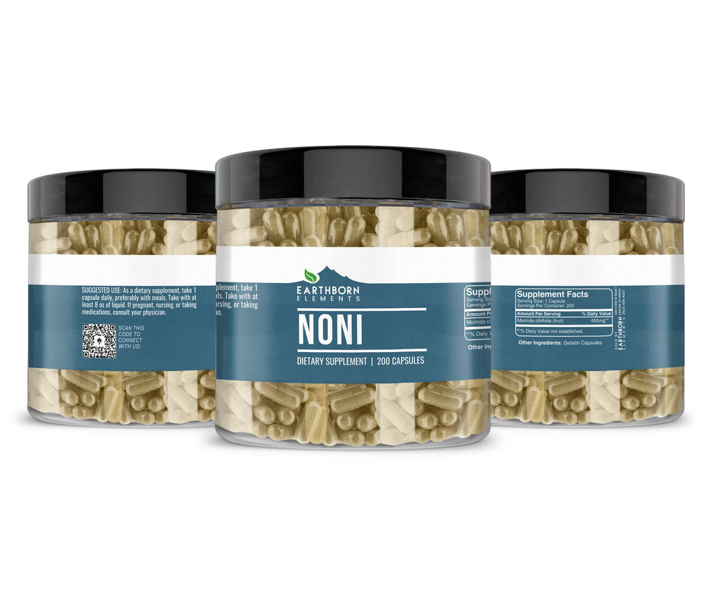 Authentic USA imported Earthborn Elements noni capsules packaging details and directions