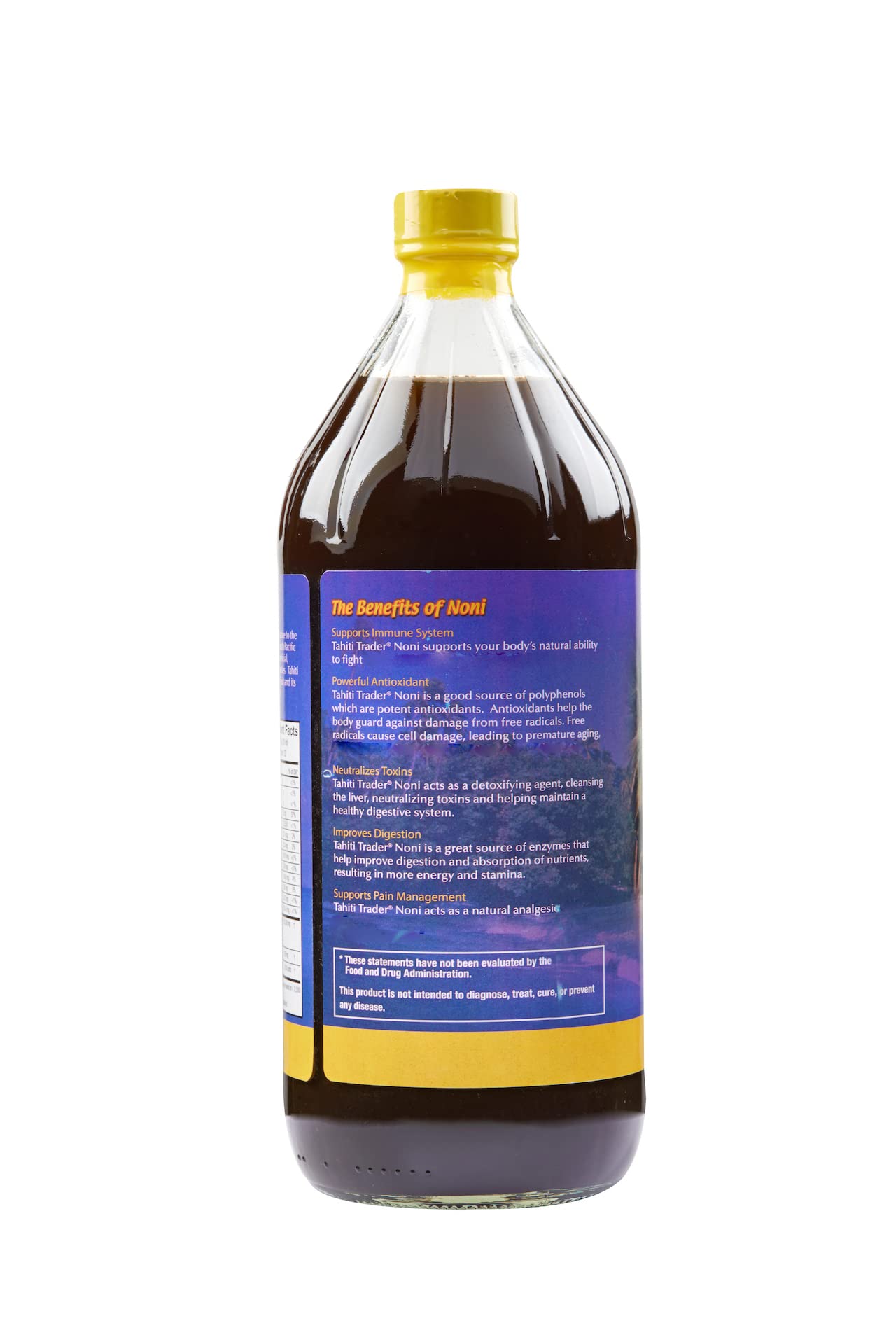 USA imported Tahiti Trader noni juice thirty two ounce bottles side profile