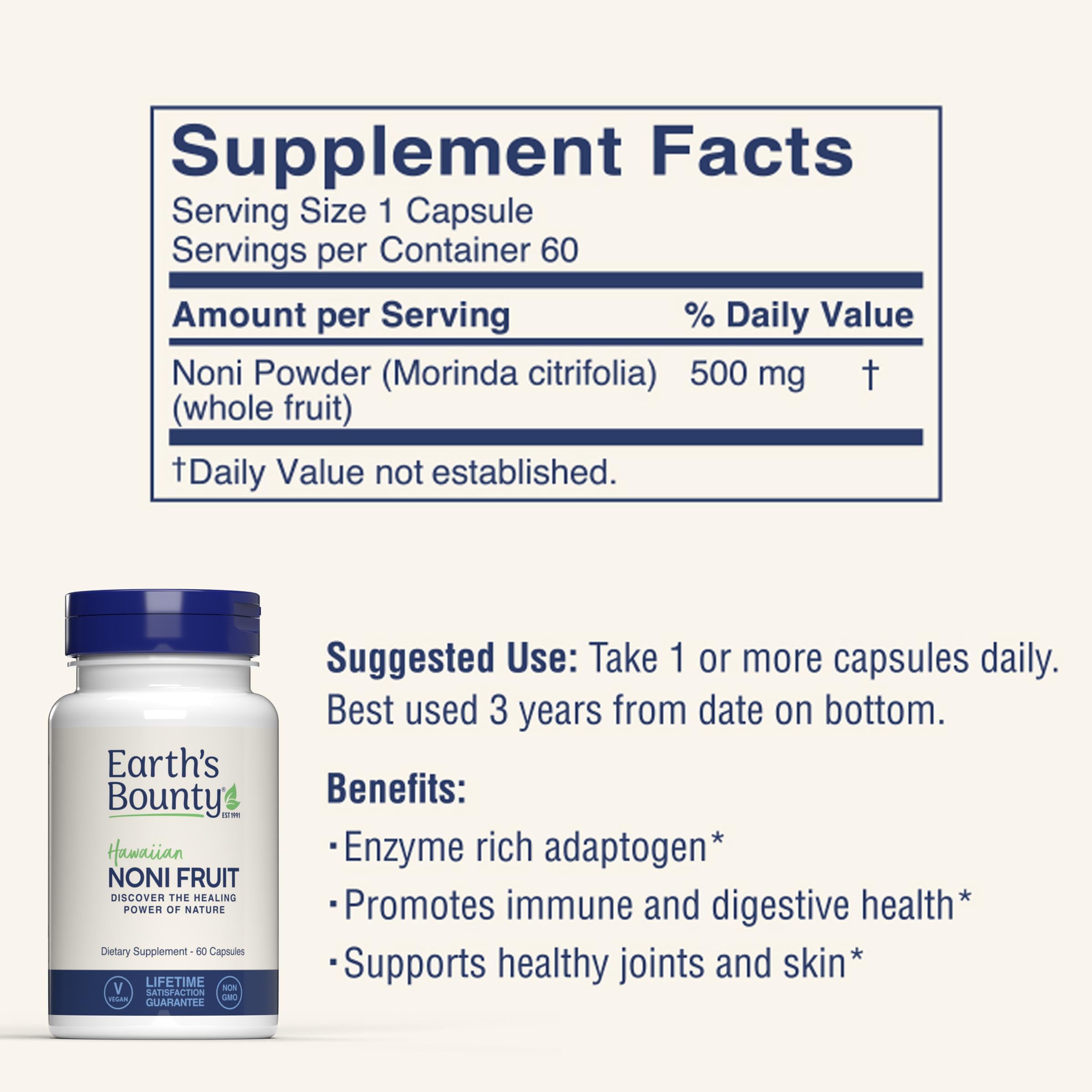 Earth's Bounty Noni supplement showing 500mg dosage label