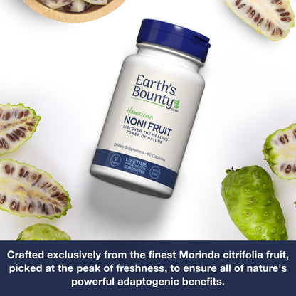 Side panel view of Earth's Bounty Hawaiian Noni vegetable capsules packaging