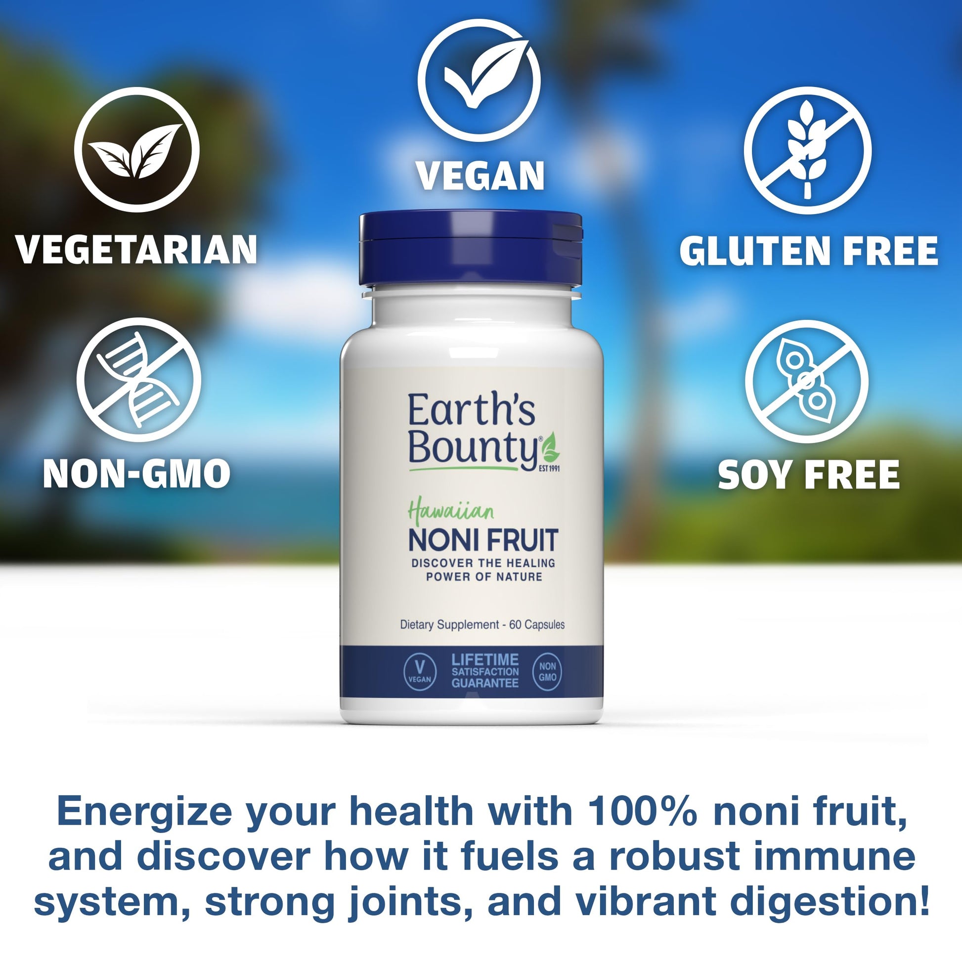 Supplement facts and ingredient list on Earth's Bounty Noni bottle