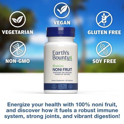 Supplement facts and ingredient list on Earth's Bounty Noni bottle