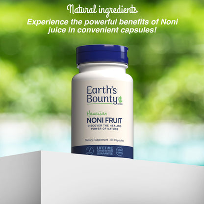 Authentic imported Earth's Bounty Hawaiian Noni 60 count container close up