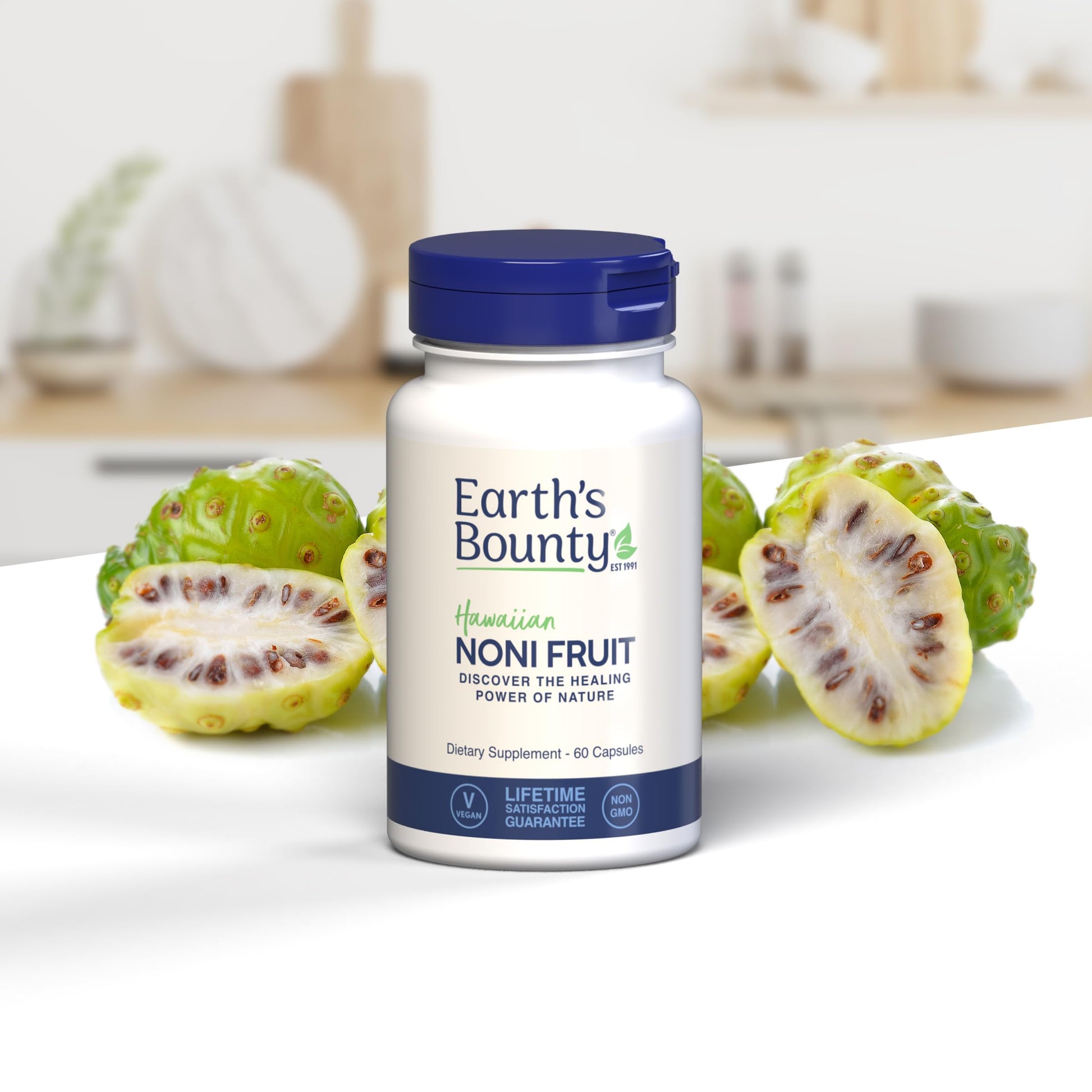 Vegan and Non GMO certifications on Earth's Bounty Noni Fruit packaging