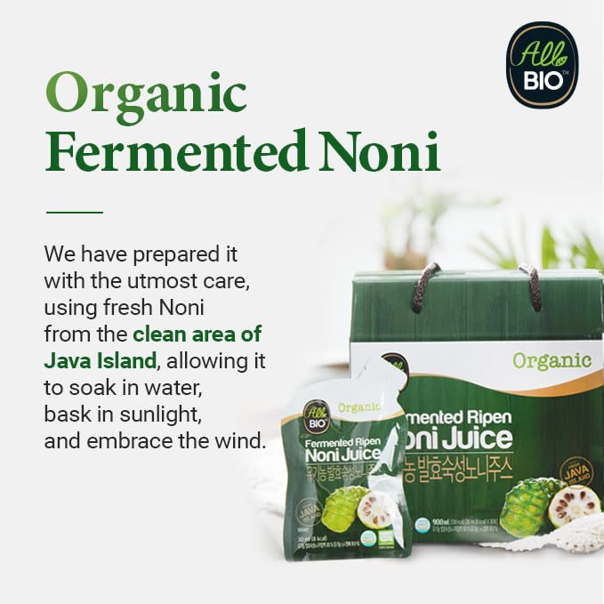 ALL BIO Fermented Noni Juice thirty daily packets arranged clearly