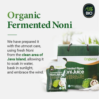 ALL BIO Fermented Noni Juice thirty daily packets arranged clearly