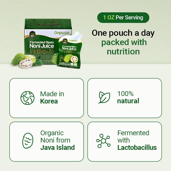 ALL BIO Organic Noni supplement liquid pouch side view detailing ingredients