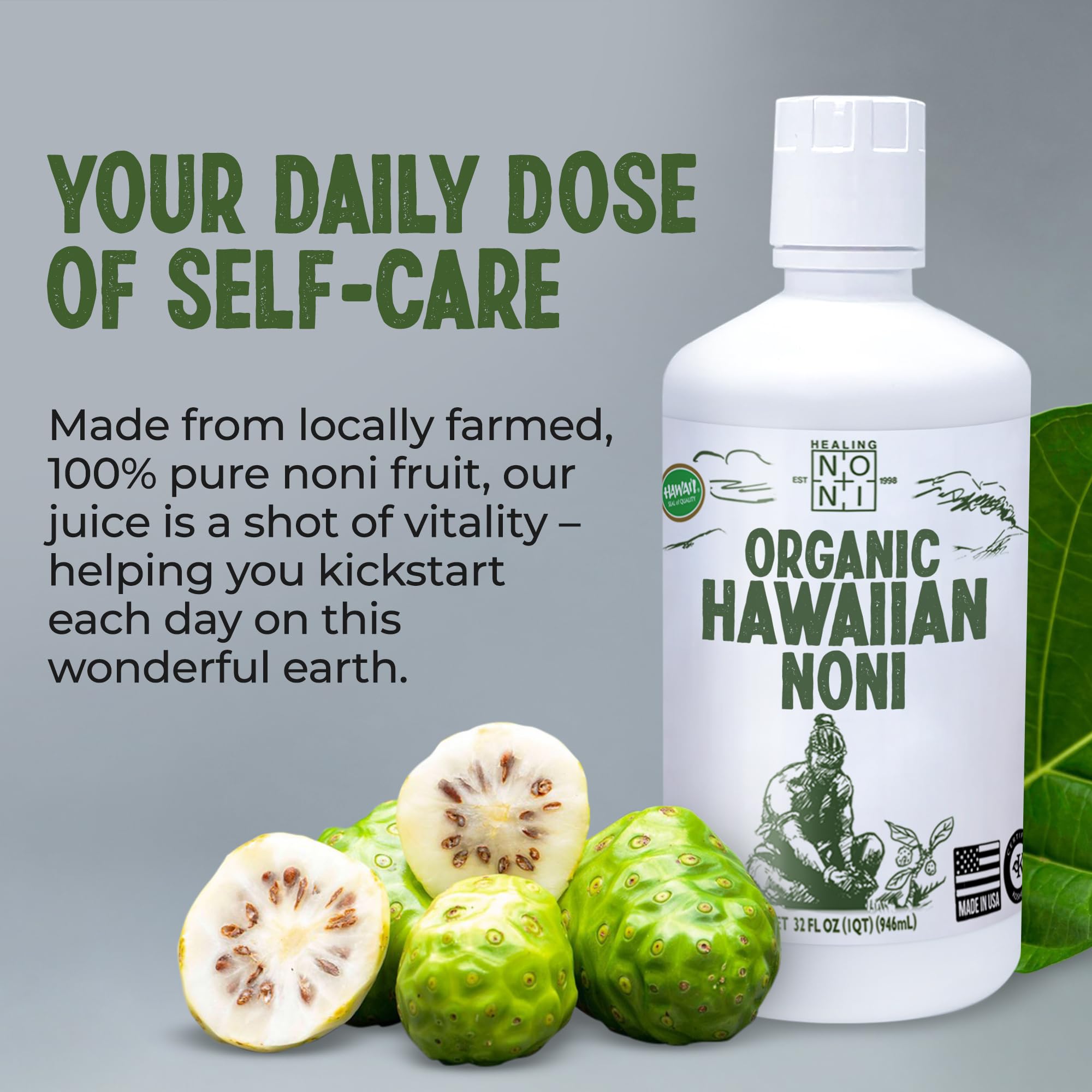 Healing Noni certified organic unpasteurized noni fruit supplement bottle showcasing clean label details