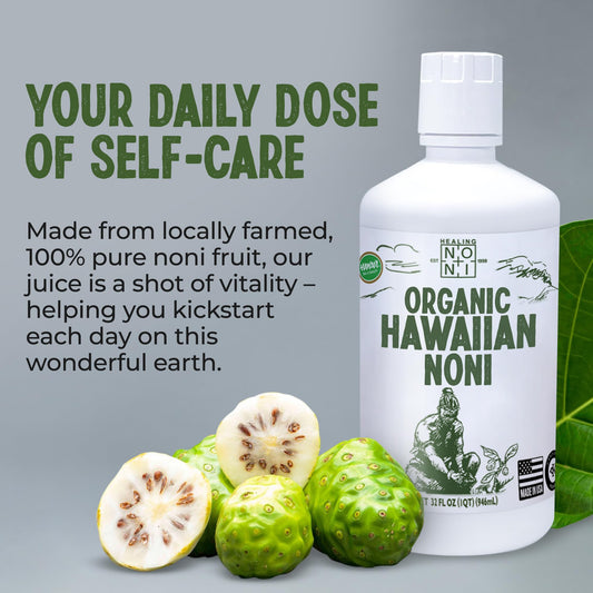 Healing Noni certified organic unpasteurized noni fruit supplement bottle showcasing clean label details