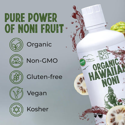 Side view of Healing Noni thirty two fluid ounce lightweight BPA free plastic wellness bottle