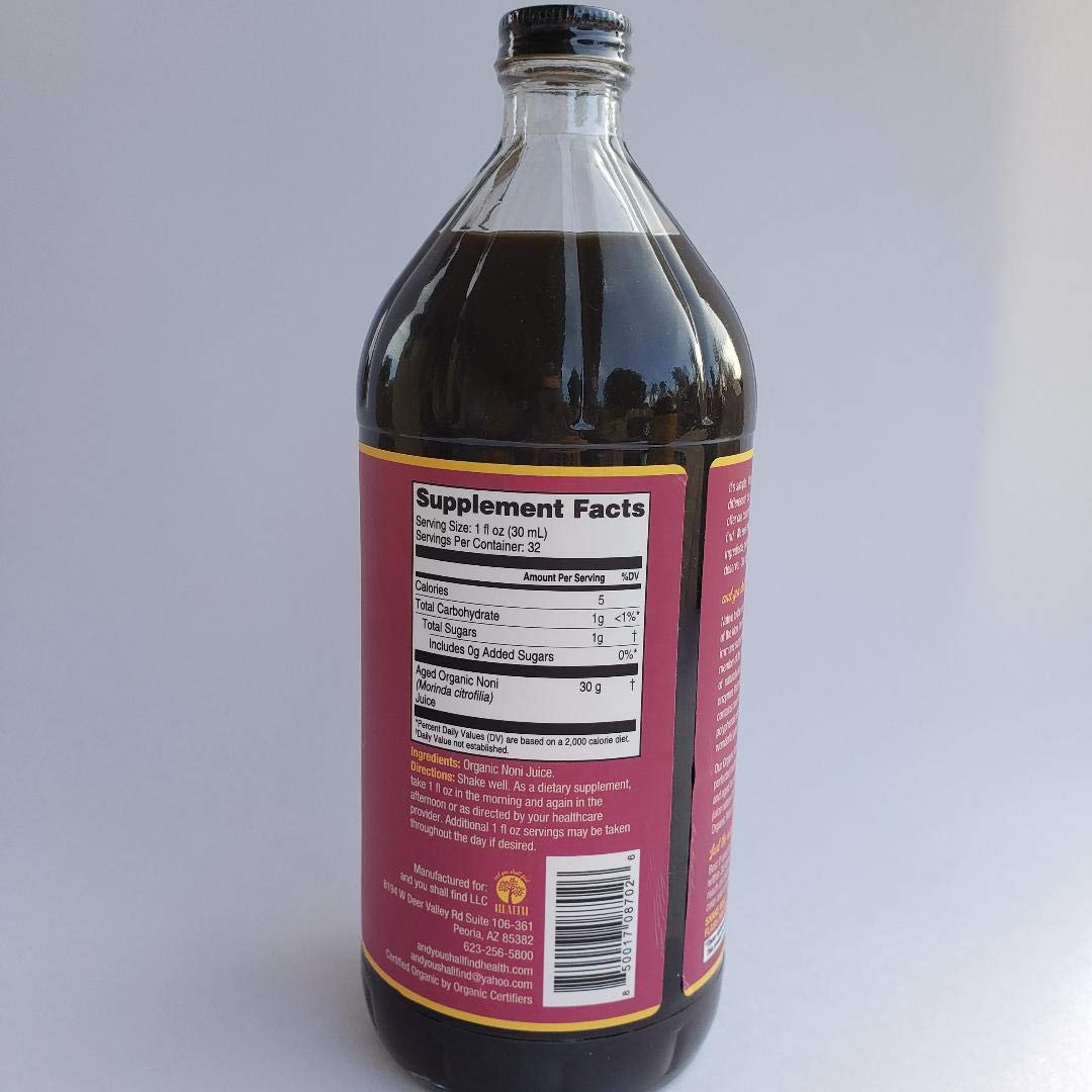 Organic Only Noni 100 percent pure unsweetened bitter superfruit dietary drink label details showing organic certifications