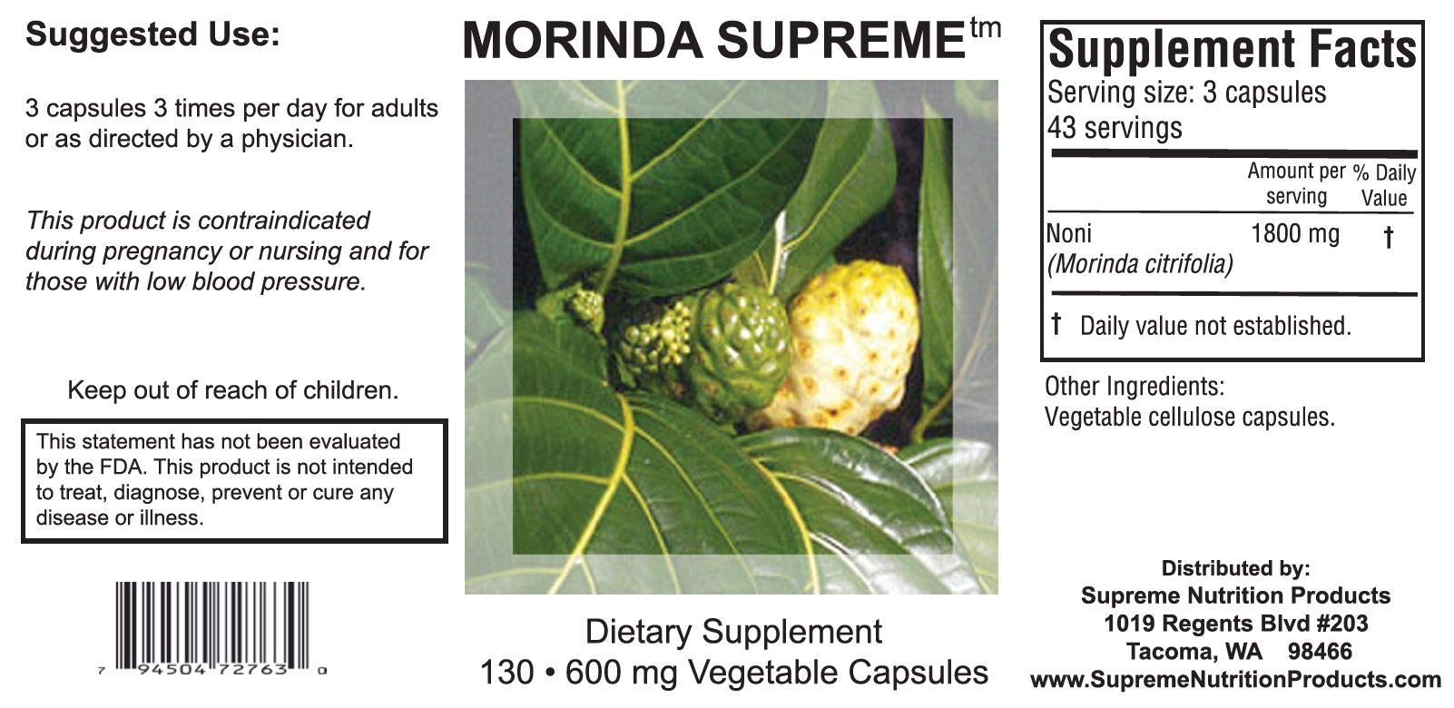 Supreme Nutrition Products Morinda Supreme veggie capsules dietary supplement ingredient panel detail view.