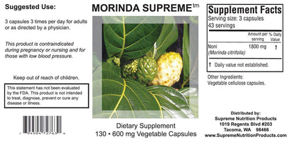Supreme Nutrition Products Morinda Supreme veggie capsules dietary supplement ingredient panel detail view.