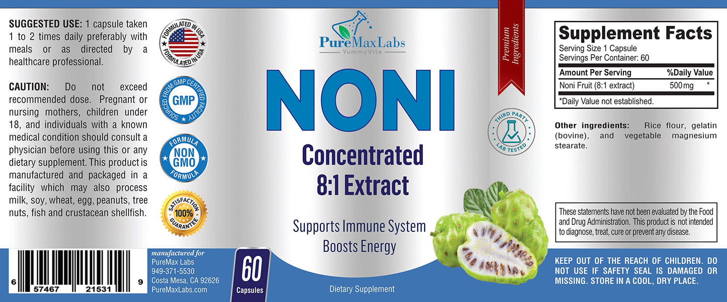 Authentic USA imported YUMMYVITE noni capsules package detailing 4000mg equivalent